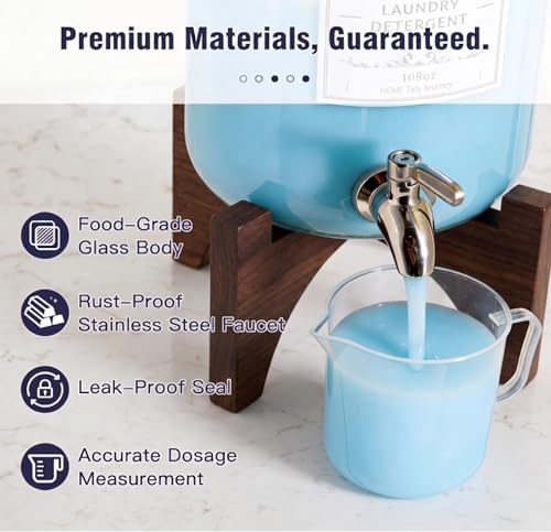 Glass Laundry Detergent Dispenser, 108oz (2 Pack) with Stainless Steel Faucet & Solid Wood Stand - Liquid Soap & Fabric Softener Container for Laundry Room Organization & Storage