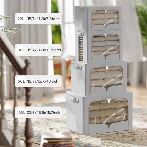 FHSQX 3 Pack Clothes Storage Bins - Foldable Metal Frame Storage Box - Stackable Linen Fabric Container Organizer Set with Carrying Handles and Clear Window (Light Gray, 15.7x11.8x7.8inch(22L)) - color: Light Gray, size: 15.7x11.8x7.8inch(22L)