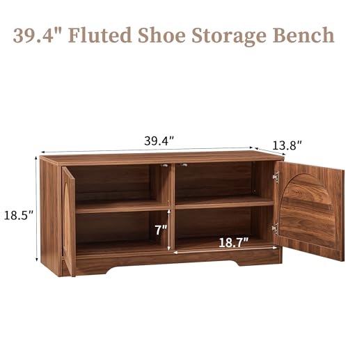 BERRYMERRY 39.4" Fluted Shoe Storage Bench for Entryway,2 Tier Shoe Cabinet Bench with Adjustable Shelf,Bench for Bedroom End of Bed (Walnut, 13.8”D x 39.4”W x 18.5”H) - color: Walnut