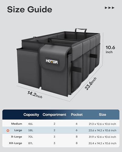 HOTOR Foldable Trunk Organizer - SUVs & Sedans, Sturdy Car Organization With 2 Compartments, Black, 23.6"×14.2"×10.6" - color: Black, size: Large (2 Compartments)