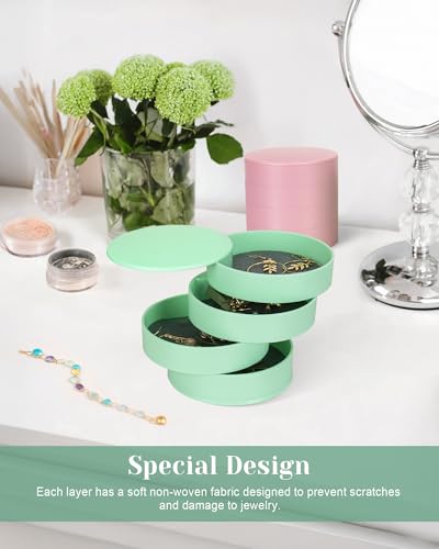 CONBOLA Jewelry Organizer, Small Jewelry Storage Box Earring Holder for Women, 4-Layer Rotating Travel Jewelry Tray Case with Lid for Bracelets Rings Bracelets - color: Green