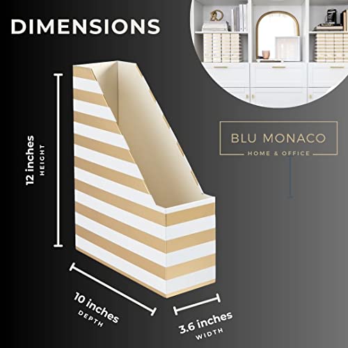 BLU MONACO | Cardboard Magazine File Holder Set of 4 Gold White Stripes | Vertical Magazine File Holder with Label Slots | Standing File Holder and Cardboard Bins for Shelves Desk Classroom - color: White Gold Stripes