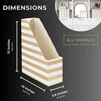 BLU MONACO | Cardboard Magazine File Holder Set of 4 Gold White Stripes | Vertical Magazine File Holder with Label Slots | Standing File Holder and Cardboard Bins for Shelves Desk Classroom - color: White Gold Stripes