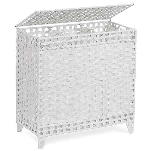 Laundry Hamper with 3 Removable Liner Bags; 132L Handwoven Rattan Laundry Basket with Lid & Heightened Feet; Clothes Hamper with Side Handles; Laundry Sorter with 3 Separate Sections - color: White, size: 132L-3 Section