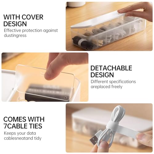 PAVSTINE 2 Pcs Cable Organizer Storage Box with 14 Wire Ties,Desktop Cable Management Box with Lid,Power Cord Organizer for Office,Home,Desk Accessories Storage Stationery Supplies White