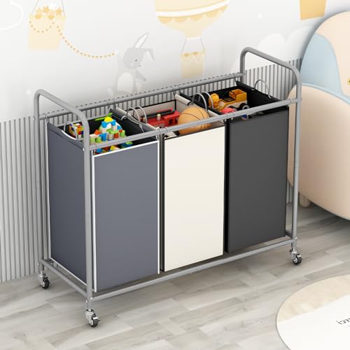 LINZINAR 3-Bag Laundry Basket Sorter Laundry Hamper Cart with Heavy Duty Rolling Lockable Wheels and Removable Bags (Assorted) - size: 3 Bags Assorted