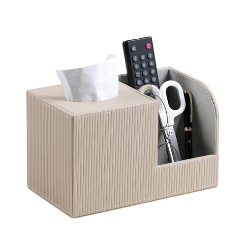 Square Tissue Box Cover with 2 Compartments Storage Organizer, PU Leather Tissue Box Holder with Remote Control Holder for Livingroom Nightstand, Multifunctional Cube Tissue Holder (Beige) - color: Beige
