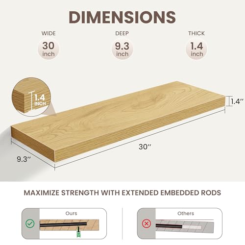 Acovy 30 Inch Floating Shelves,9.3" Deep Floating Shelf Wall Mounted,30 Inch Wall Book Shelves for Home Decor,Large Long Deep Hanging Shelves for Bathroom Office Laundry Living Room Bathroom,Oak - color: Oak, size: 30 Inch,Set of 2