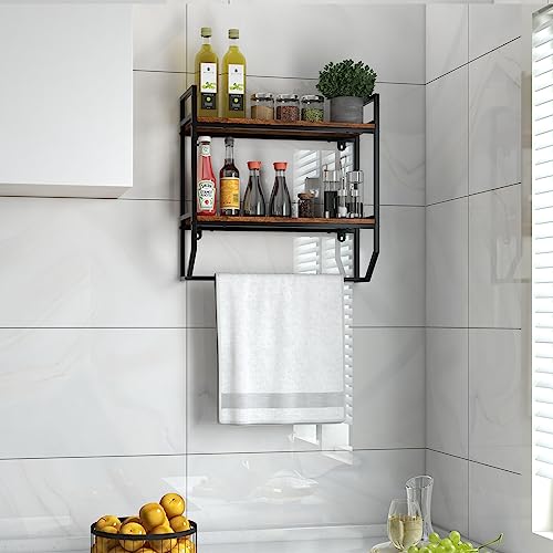 GOFLAME 2-Tier Industrial Bathroom Shelves with Towel Bar, Over the Toilet Shelf Wall Mounted with Metal Frame, Wall Storage Organizer Shelf for Bathroom, Living Room, Kitchen, Rustic Brown