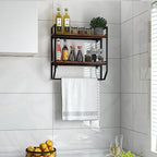 GOFLAME 2-Tier Industrial Bathroom Shelves with Towel Bar, Over the Toilet Shelf Wall Mounted with Metal Frame, Wall Storage Organizer Shelf for Bathroom, Living Room, Kitchen, Rustic Brown