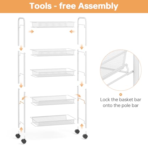 TOOLF 5-Tier Rolling Cart, Metal Utility Cart with 3 Hooks, Easy Assemble Mobile Storage Trolley On Wheels, Metal Shelving Units Kitchen Bathroom Laundry Room - color: White, size: 5-Tier
