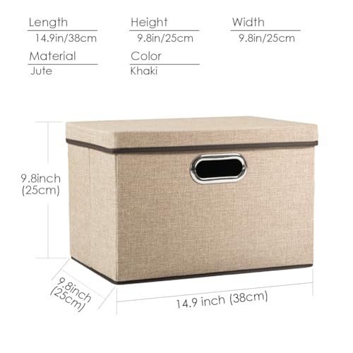 PRANDOM Collapsible Storage Cubes with Lids [1-Pack] Jute Fabric Foldable Storage Boxes Organizer Containers Baskets Bins with Cover for Home Bedroom Closet Office Nursery (14.9x9.8x9.8) - color: Khaki, size: M(1-Pack)