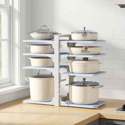 LAMU Pots and Pans Organizer under Cabinet, 8 Tier Heavy Duty Pan Organizers inside Cabinet, Adjustable Pot Rack for Small Kitchen Storage, 15" Height Holds Cast Iron Pans and Skillets White - color: White