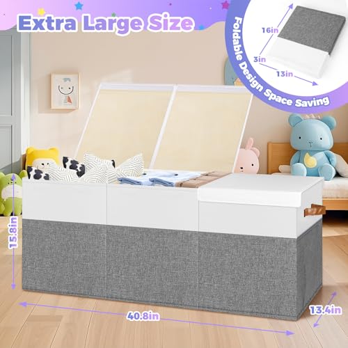 Extra Large Toy Storage Box with Lid, Collapsible Sturdy Toys Chest Storage Organizer Bin Basket with Divider for Kids, Boys, Girls, Closet, Playroom, Bedroom, Nursery, 40"X14"X16", Gray & White - color: Extra Large Gray & White