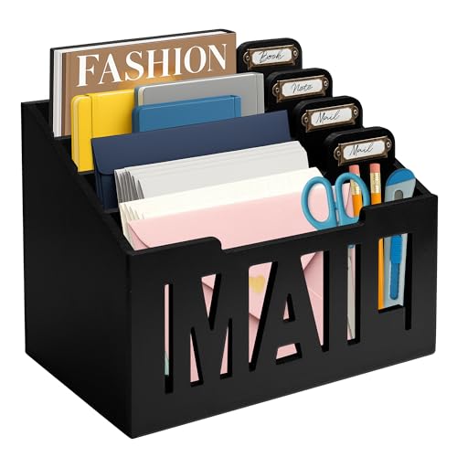 Mail Organizer Countertop – Black Holder for Desk with 4 Slots & Label Tags, Decorative Desktop Sorter, Bill Storage and Envelope Tray for Organized Home Office Accessories (11x7x8 in) - color: Black, size: Medium