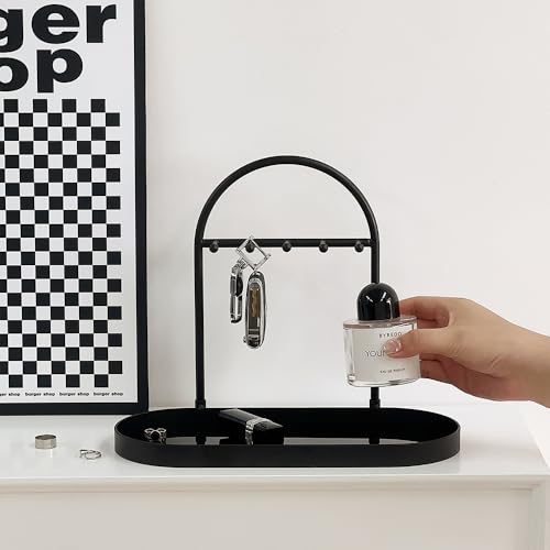 Shinpuru Metal Jewelry Organizer Stand & Key Holder Tray with Acrylic Base, Key Stand and Jewelry Tray with 5 Hooks, Perfect Bowl, Valet, Key Tray, Ring Holder, Jewelry Dish(Matt Black) - color: Matt Black