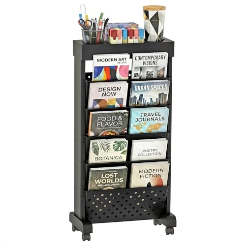 6-Tier Mobile Bookshelf, Rolling Bookcase Book Storage Rack, Movable File Folder Organizer Cart with Wheels for Home Study Office Living Room Classroom, Black - color: Black, size: 6-Tier