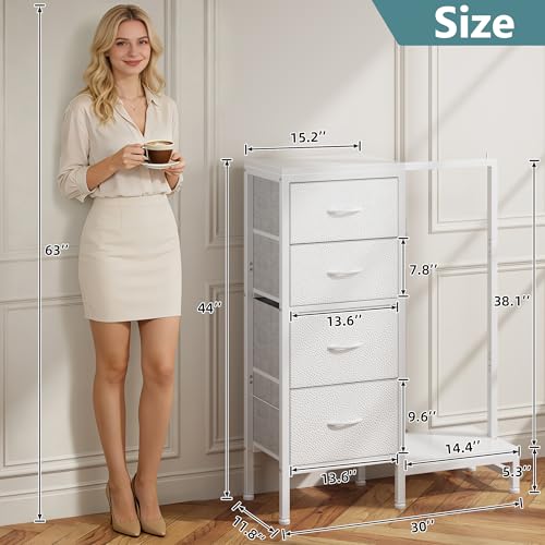 HIGDBFE Tall Dresser 44''H with Hanging Rack, 4 Drawers Small Closet Dresser for Bedroom, Reversible Fabric Chest of Drawers with Clothes Rack, Tall Storage Tower, Sturdy Frame, White - color: White
