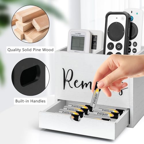 Remote Control Holder, 2 Slot TV Remote Holder& Desk Organizer with Drawers, Remote Organizer Caddy for Table, Wooden Remote Box for Nightstand,Media Storage Box for Living Room, Bed (White) - color: White-2 Slot