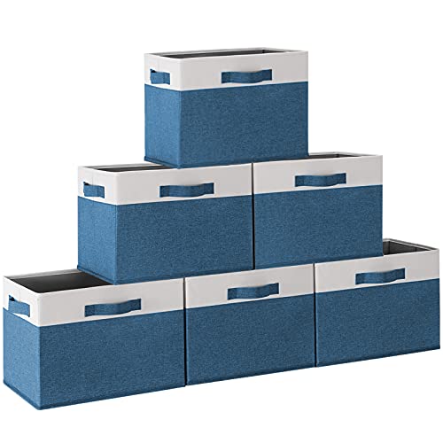 GhvyenntteS 6 Pack Fabric Storage Bins, 15x11x9.6 inch Closet Storage Bins for Shelves with 3 Handles, Foldable Storage Baskets for Shelves, Sturdy Closet Organizers and Storage Boxes, Blue - color: Blue & White, size: Large-6 Pack