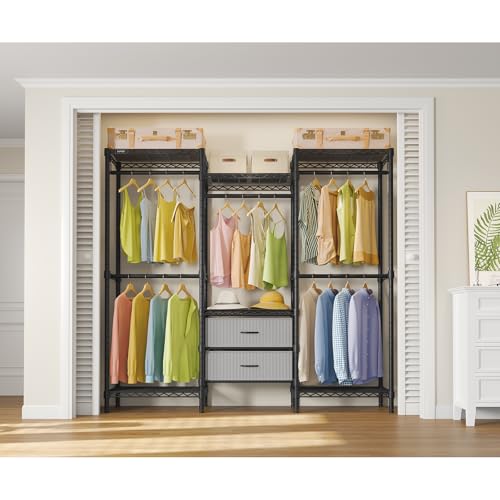 VIPEK V20 Plus Clothes Rack, Metal Clothing Rack with 6 Shelves, 5 Hanging Rods & 2 Fabric Drawers, Freestanding Garment Rack for Bedroom & Walk-in Closet, Large Wardrobe Closet Max Load 850LBS, Black - color: Black, style: V20 Plus