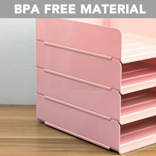 Tiawudi Desk Organizer, Office Organization and Storage, Plastic Letter Tray, Stackable File Organizer for Classroom, Home, Documents, Notes, Folders, Books and Pens, 4 Tier - color: Pink