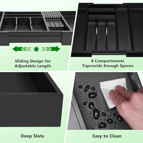 9-Piece Bamboo Kitchen Drawer Organizer Set, Expandable Silverware &Utensil Organizer with Removable Knife Block & Steak Knives, Flatware Organization, Tableware Dividers Storage(Black) - color: Black