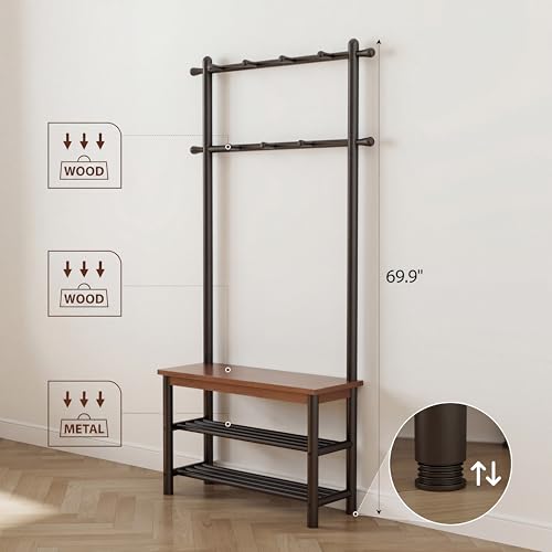 Coat Rack with Shoe Storage, Wood and Metal Frame, Entryway Hall Tree with Bench, Featuring 11 Hooks and 2-Tier Storage Shelves, 3-in-1, Entry Bench with Coat Rack (31.5" Walnut) - size: 80