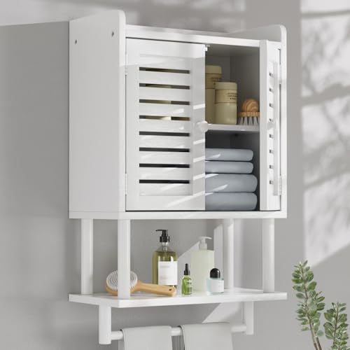 AmazerBath Bathroom Wall Cabinets, Bamboo Medicine Cabinets with Towel Bar, Hanging Over The Toilet Storage Cabinet with Adjustable Shelves, Organizer Cabinet for Small Spaces, 8.3x16.5x26.6 Inches - color: White With Striped Door, size: 16.5" W x 26.6" H