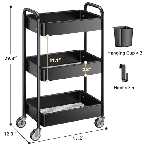 YASONIC 3 Tier Rolling Cart - Metal Utility Cart with Wheels, Hanging Cups, Hooks, Heavy Duty Mesh Rolling Storage Cart Organizer, Craft Cart for Kitchen Office, Lightweight and Sturdy - color: Black
