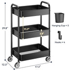 YASONIC 3 Tier Rolling Cart - Metal Utility Cart with Wheels, Hanging Cups, Hooks, Heavy Duty Mesh Rolling Storage Cart Organizer, Craft Cart for Kitchen Office, Lightweight and Sturdy - color: Black