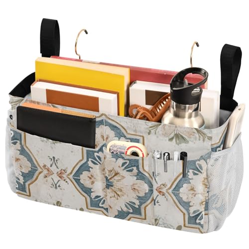Bedside Caddy Metal Frame Hanging Organizer Bunk Bed Dorm Accessories Hook And Loop Storage Bag Large Pockets Beige Rose Talavera Style - color: Beige Rose Talavera Style