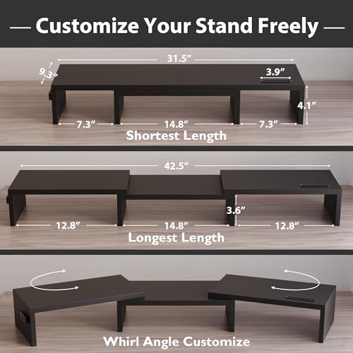 BONTEC Dual Monitor Stand Riser with Smartphone Holder, Adjustable Length & Swivel Angle, Ergonomic Wooden Desktop Organizer for PC Monitor, Laptop, Printer, Large Storage, Black - color: Black