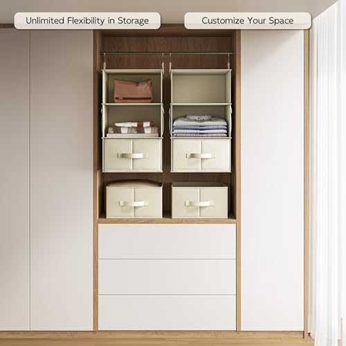 Vailando 3-Shelf Hanging Closet Organizer, Set of 2 Hanging Shelves with 2 Drawers for Wardrobe, Nursery, Baby Clothes Storage and Organization, Beige - color: Beige, size: 3-Shelf Set of 2