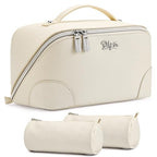 BOYATU Travel Makeup Bag Cosmetic Bags for Women: 3 Pcs Set Large Capacity Make up Bag with Handle - Waterproof Vegan Leather Toiletry Bags Travel Essentials with Compartments(C-3-White) - color: C-3-White