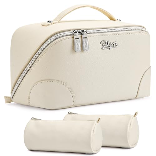 BOYATU Travel Makeup Bag Cosmetic Bags for Women: 3 Pcs Set Large Capacity Make up Bag with Handle - Waterproof Vegan Leather Toiletry Bags Travel Essentials with Compartments(C-3-White) - color: C-3-White