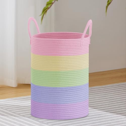 VIPOSCO Large Laundry Hamper, Tall Woven Rope Storage Basket for Blanket, Toys, Dirty Clothes in Living Room, Bathroom, Bedroom - 58L Rainbow - color: Rainbow, size: 58L