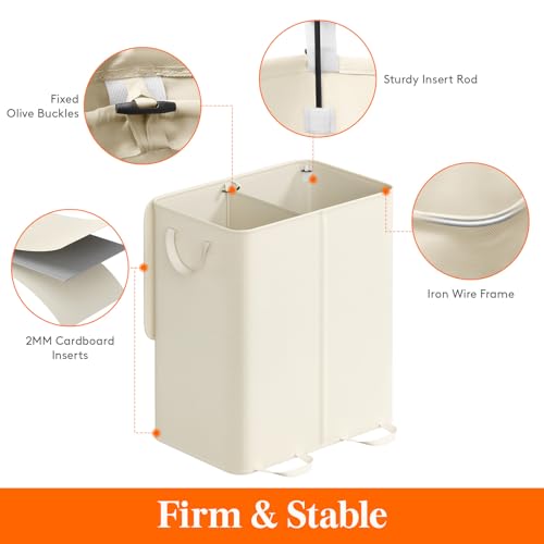 Lifewit Double Laundry Hamper with Lid and Removable Laundry Bags, Large Collapsible 2 Dividers Dirty Clothes Basket with Handles for Bedroom Laundry Room Closet Bathroom College, 155L Ivory White - color: Ivory White, size: 155L
