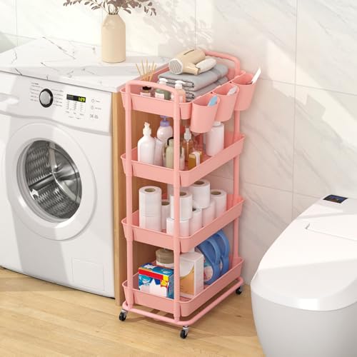 JIUYOTREE 4-Tier Plastic Rolling Storage Cart Utility Cart with Extra Hanging Cups Handles Lockable Wheels for Living Room Bathroom Kitchen Office Pink - color: Pink, size: 4-Tier