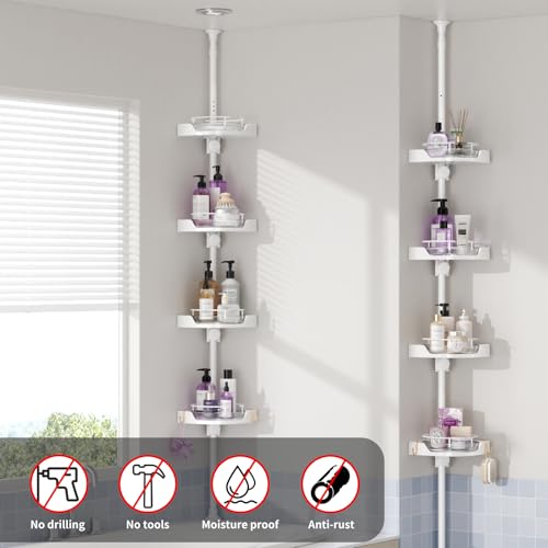 360° Rotating Shower Caddy Tension Pole, 4 Tiers Corner Shower Organizer for Bathroom Shelf Bathtub, Adjustable Standing Shower Rack Bathroom Accessories, Easily Assemble, 34-124 Inch Height, White - color: White, size: 4tiers