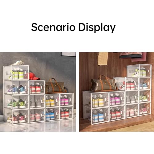 6-Pack Clear Plastic Stackable Shoe Storage Boxes for Sneakers, Boots, for Entryway, Living Room, Bedroom, Garage, Car Trunk, as Shoe Rack Substitute and Display Case for Small Space Organization - color: White