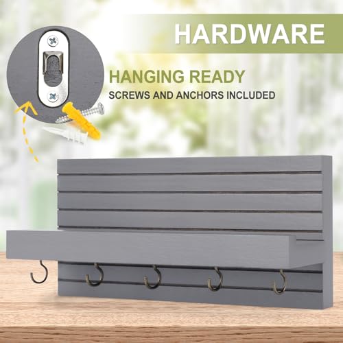 Lwenki Decorative Key Holder for Wall with Shelf, Entryway Shelf with Hooks Holds Leashes, Jackets and Glasses – Sturdy Wood Keyholder Entrance Hanger with Mounting Hardware (Gray, Medium) - color: Gray, size: Medium