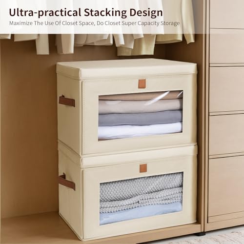 Homsorout Large Closet Storage Organizer - Clothes Storage Bins with Handles & Window, Collapsible Decorative Boxes with Lids, Fabric Containers for Living Room, Dorm, 2 Pack, Beige - color: Beige, size: Large - 2 Pack