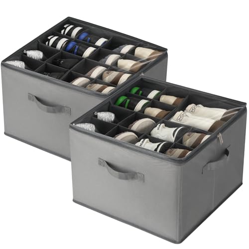 VZZNN Shoe Organizer for Closet, 2 Pack Foldable Shoe Storage Bins with Clear Cover and Adjustable Dividers, Fits up to 16 Pairs, Large Shoe Box Storage Containers with Reinforced Handles (grey) - color: Grey