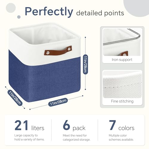 FinishingBo Cube Storage Baskets 6 Pack, 11x11 inch Cube Storage Bins with Leather Handles for Shelf Closet (White/ Blue) - color: White/ Blue