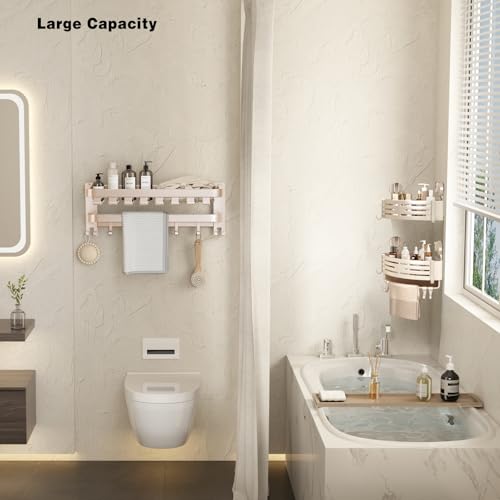 VOLPONE Corner Shower Caddy Suction Cup Shower Shelf Corner No Drilling Bathroom Shower Organizer Storage Rack Adhesive with Towel Bar Hooks(2-Pack, Ivory) - style: Suction cup triangle with towel bar hooks 2 tier ivory