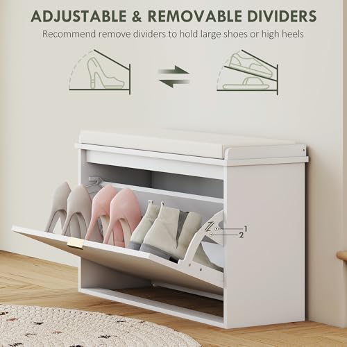 HOMCOM Narrow Shoe Bench with Padded Seat Cushion and Flip-Drawer, Small Entryway Bench Holds up to 265lb, Shoe Cabinet, 31.5x10.2x18.7 Inches, White - color: White, size: 31.5" x 10.2" x 18.7"