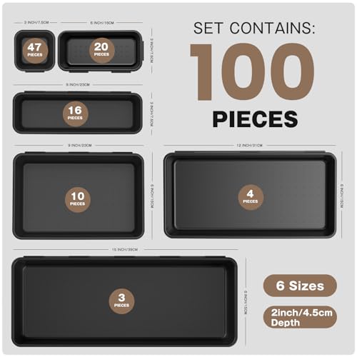 A-LuGei 【𝟲 𝗦𝗜𝗭𝗘 & 100PCS】 Tool Box Organizer Tray Set【Fits 100+ Tools】 Black Plastic Drawer Divider Desk Drawer Organizer Garage Organization for Rolling Tool Chest Cart Workbench Office Storage