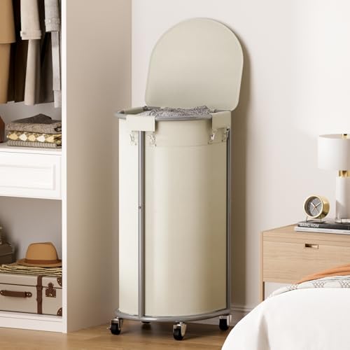 Rolling Laundry Basket with Lid, 100L Laundry Hamper with Wheels, Half Round Laundry Cart with Removable Bag, Sturdy Metal Frame Dirty Clothes Organizer for Bathroom, Bedroom, Beige - color: Beige, size: 100L(16.9"L x 12.6"W x 31.5"H)