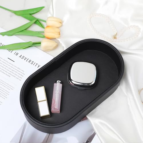 Oval Desk Valet Tray, PU Leather Perfume Dish Bowl for Keys Wallet Watch, Decorative Trinket Vanity Jewelry Tray, Entryway Nightstand Organizer Women Men (Black) - color: Black